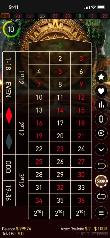 Aztec Roulette in portrait on a phone: zero at the top, 1 to 36 in three columns, outside bets down the left edge and a control rail on the right