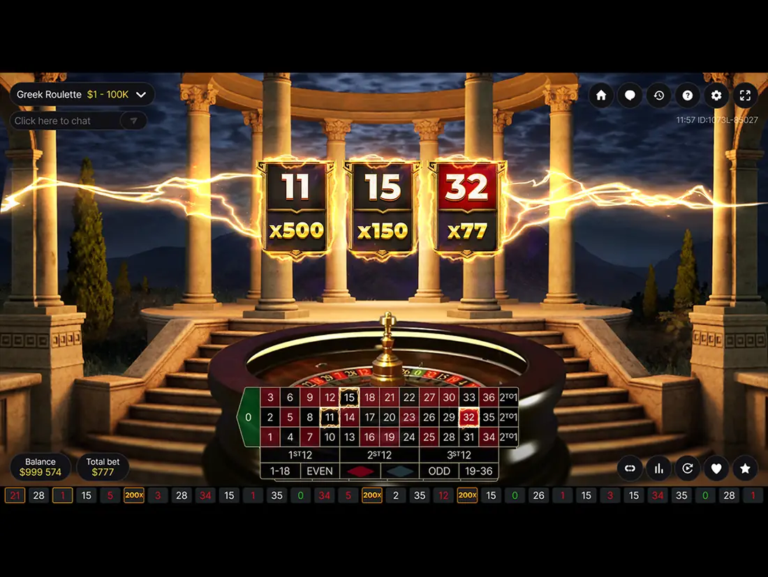 Greek Roulette table showing three lit cards reading 11 x500, 15 x150 and 32 x77 above an automated wheel
