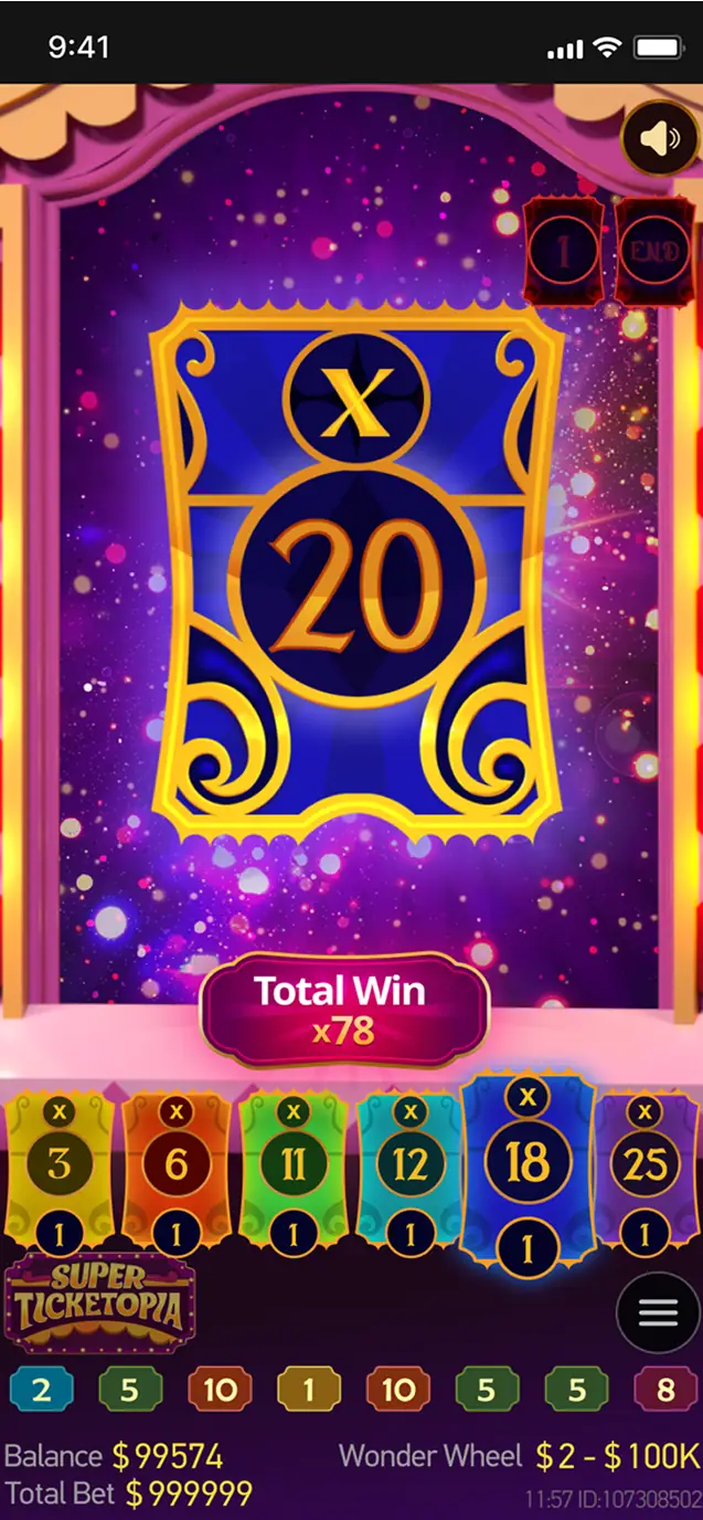 Wonder Wheel in portrait on a phone, showing feature cards with individual values and a total multiplier result