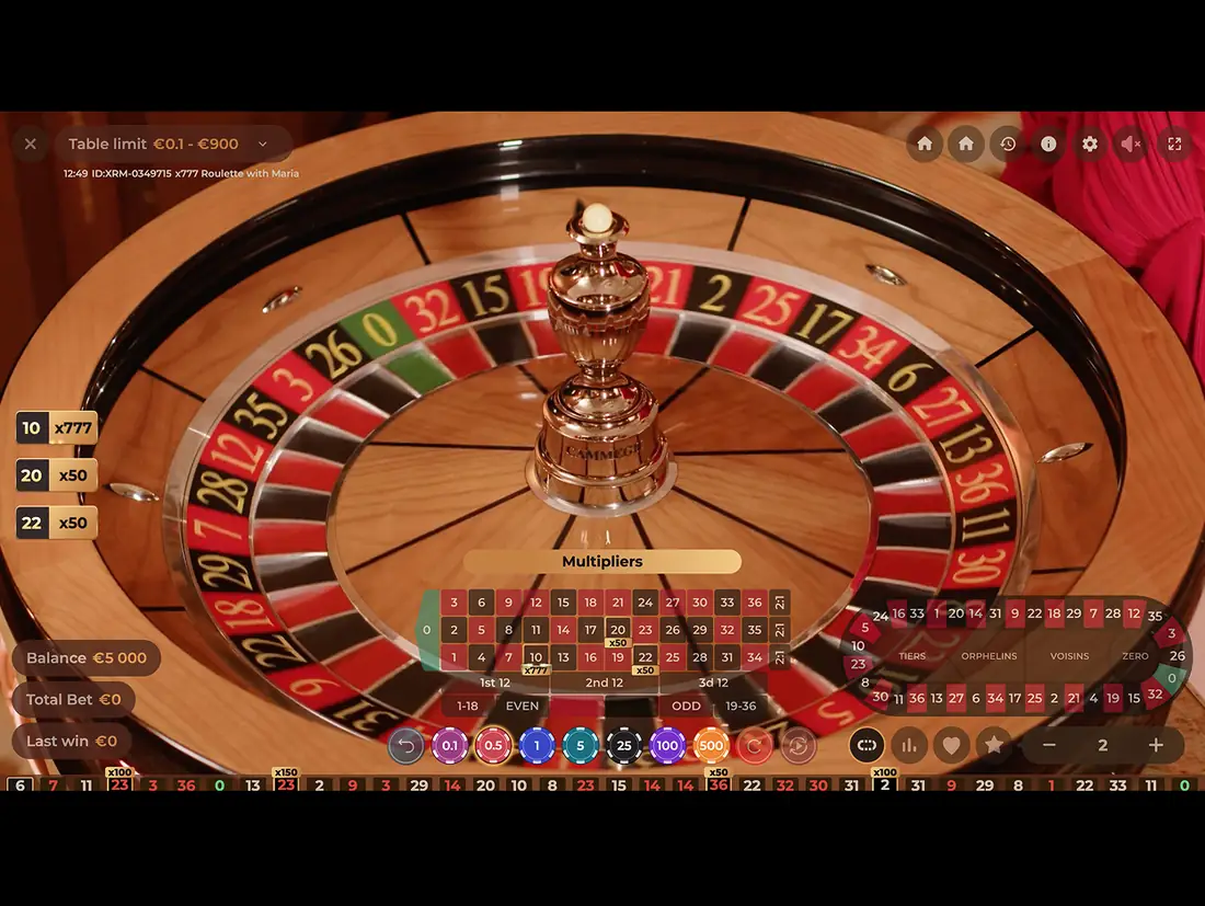 X777 Roulette pre-recorded table showing a filmed wheel with selected number multipliers listed beside it